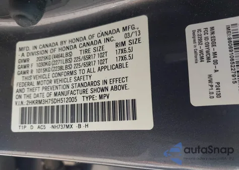 2013 Honda Cr-V Ex-L from USA, damaged, VIN 2HKRM3H75DH512005